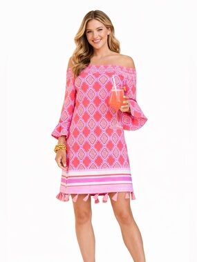 🦋Cabana Life Coral Geo Coverlux Off the Shoulder
Smocked Dress UPF 50 size-